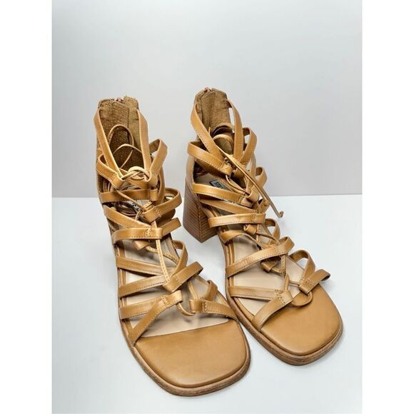 Steve Madden Sandals Size 7.5‎ Tan Leather Cherri Block Heel Strappy Heels - Picture 3 of 10